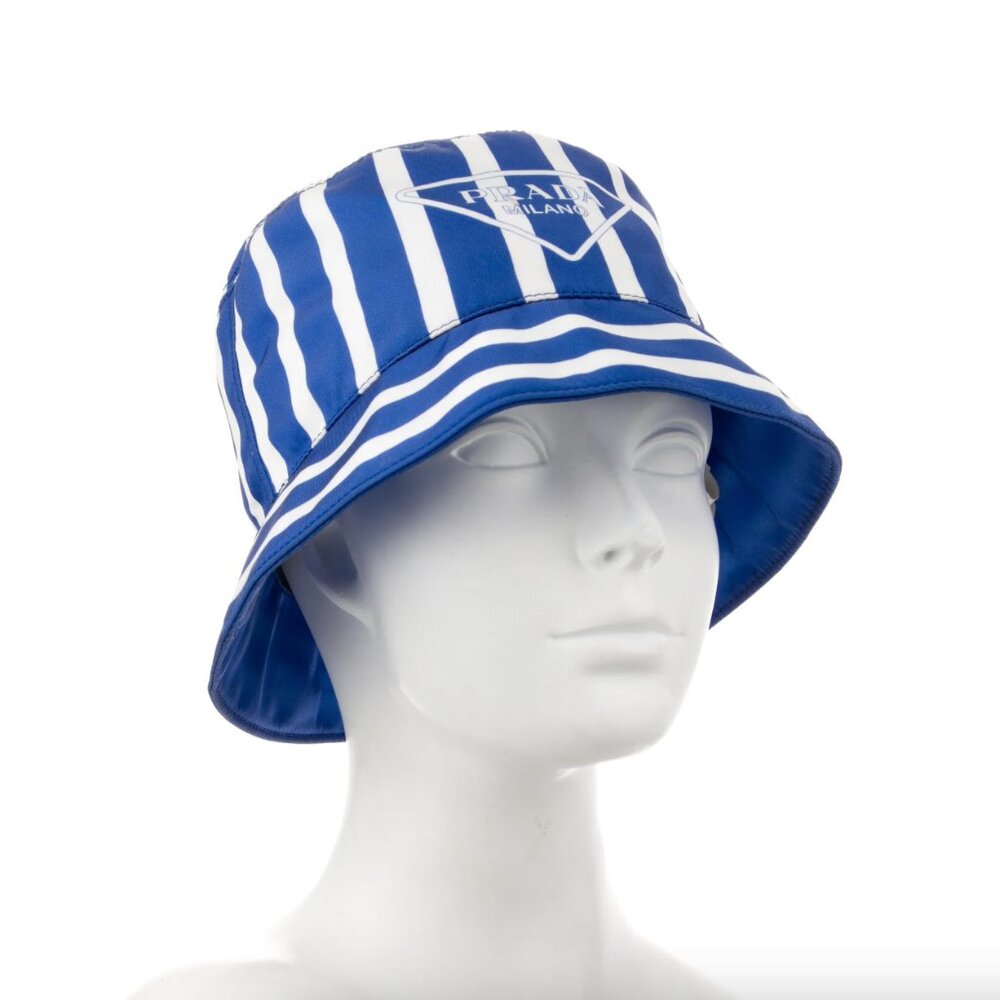 NEW NWT AUTHENTIC PRADA MILANO LOGO TRIANGLE STRIPED BUCKET HAT NYLON SMALL S